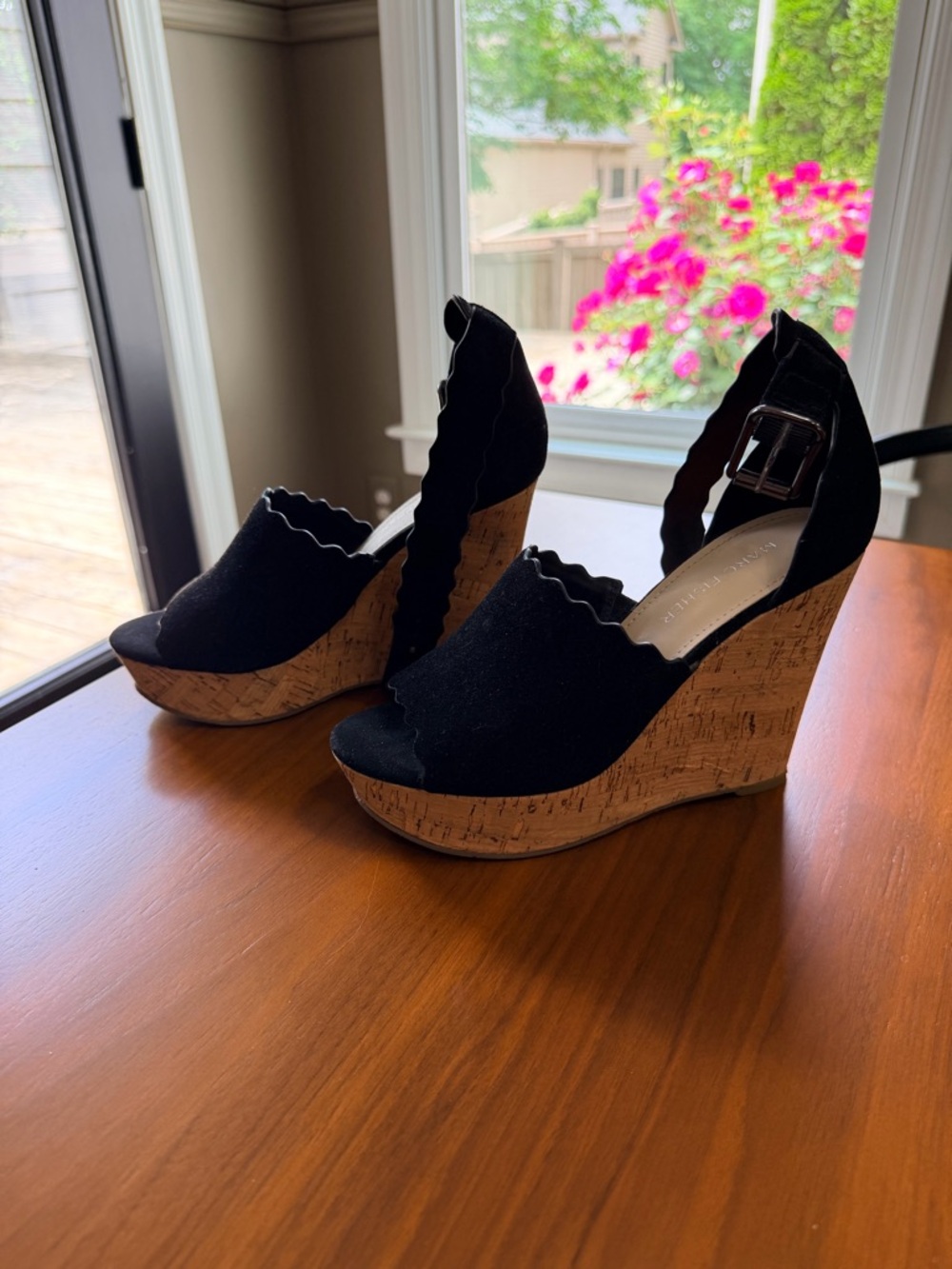 Marc Fisher Black Suede Scalloped Cork Wedge Sandals